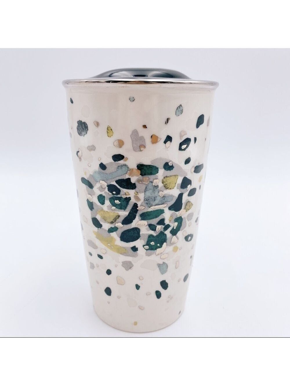 STARBUCKS 2014 Metallic Green Gold Flecks Ceramic Travel Mug Tumbler 12oz